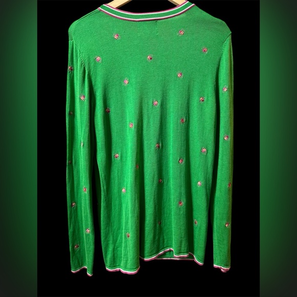 Quaker Factory silk bright green V-neck bumblebee cardigan with pink detail med - Picture 15 of 16